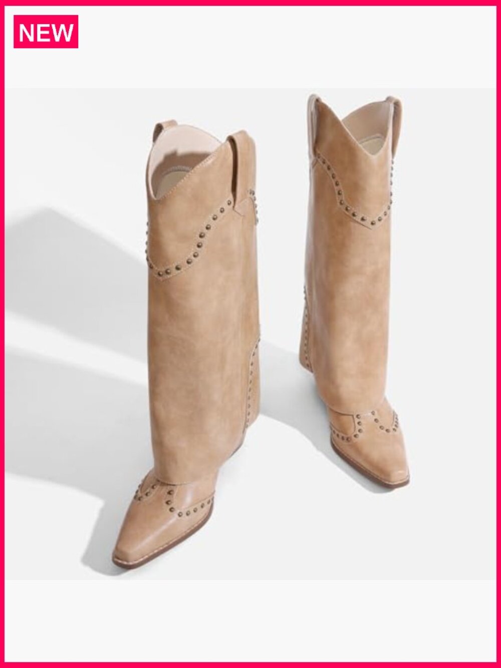 Knee High Pull On Boots Chunky Heel Snip Toe Studded Faux Leather - Picture 4 of 7